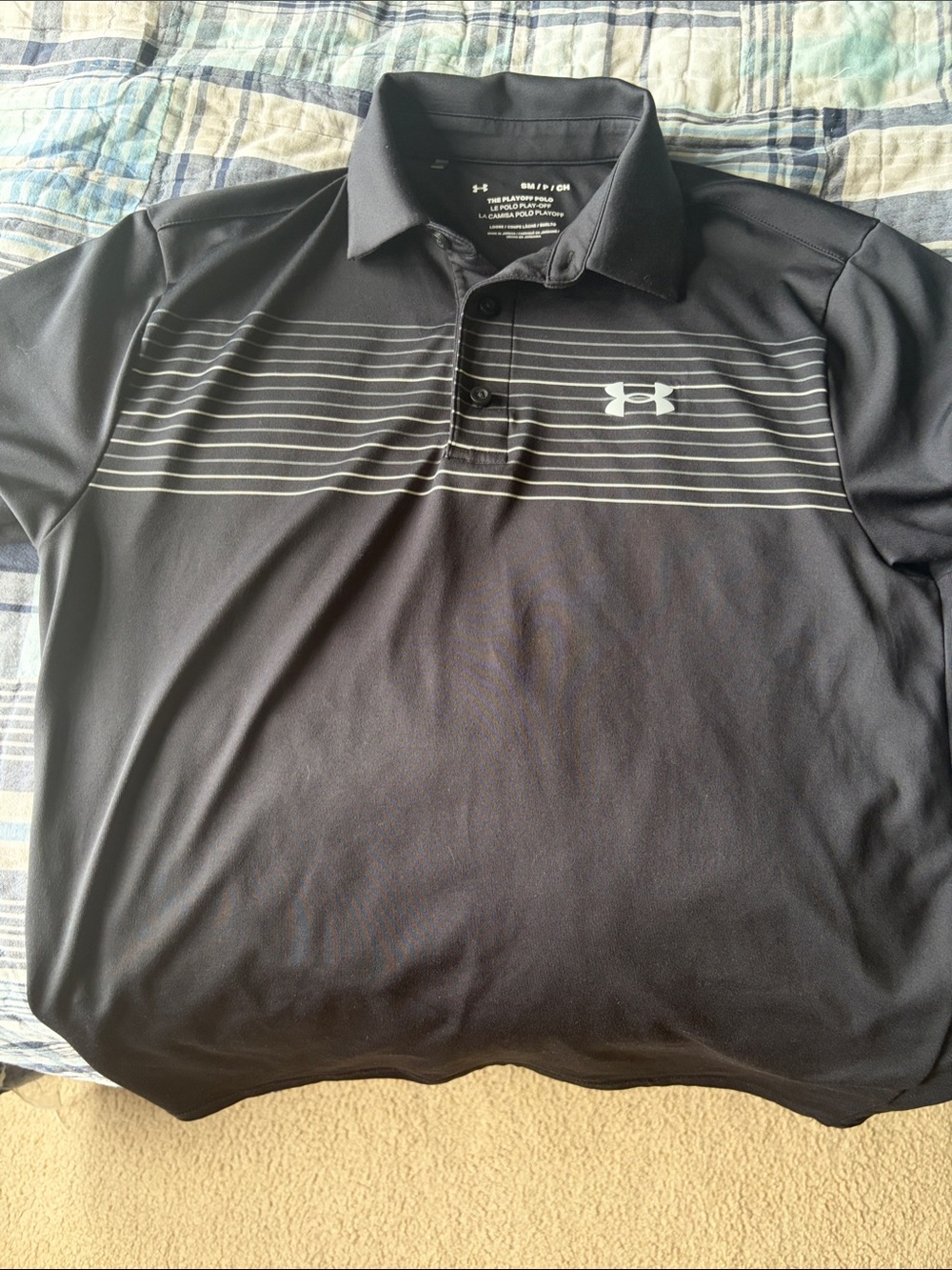 Under Armour Black Polo with Thin Horizontal Gray Stripes